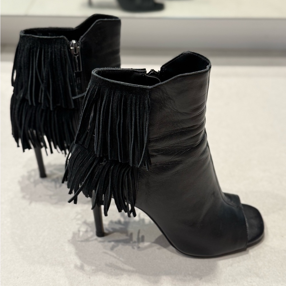Vince Camuto Black Heeled Boots with Fringe